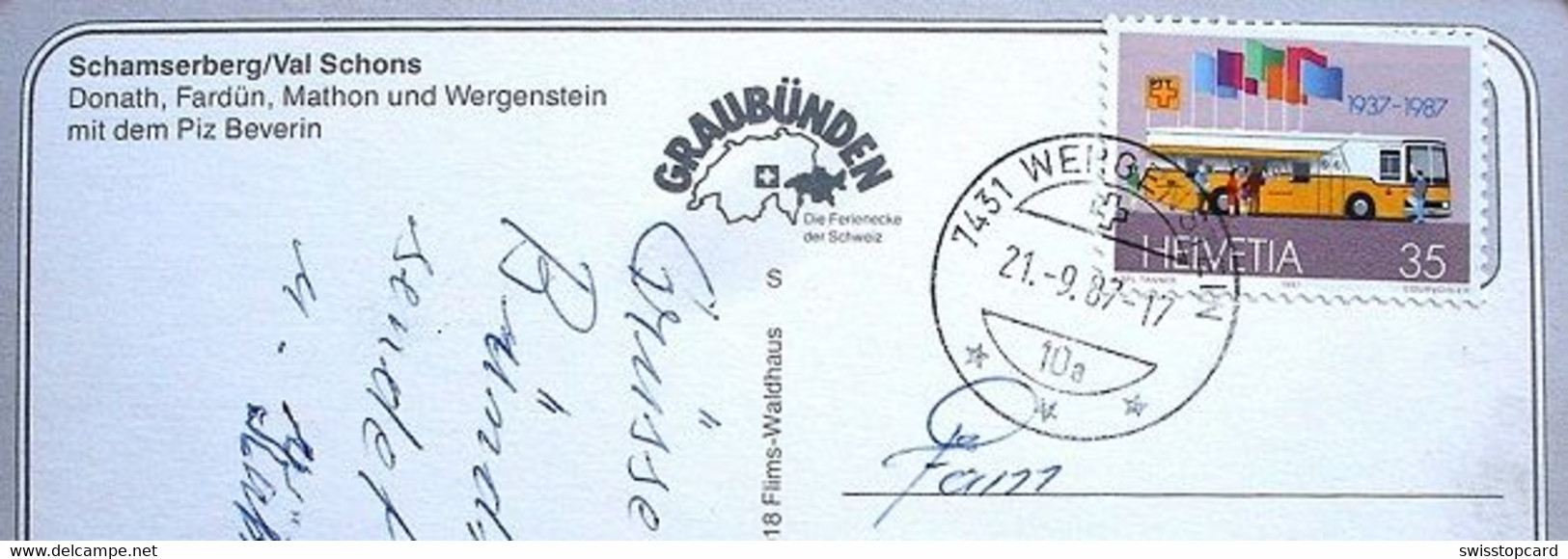 DONATH FARDÜN MATHON WERGENSTEIN Schamserberg Piz Beverin Gel 1987 Briefmarke Postauto - Bever