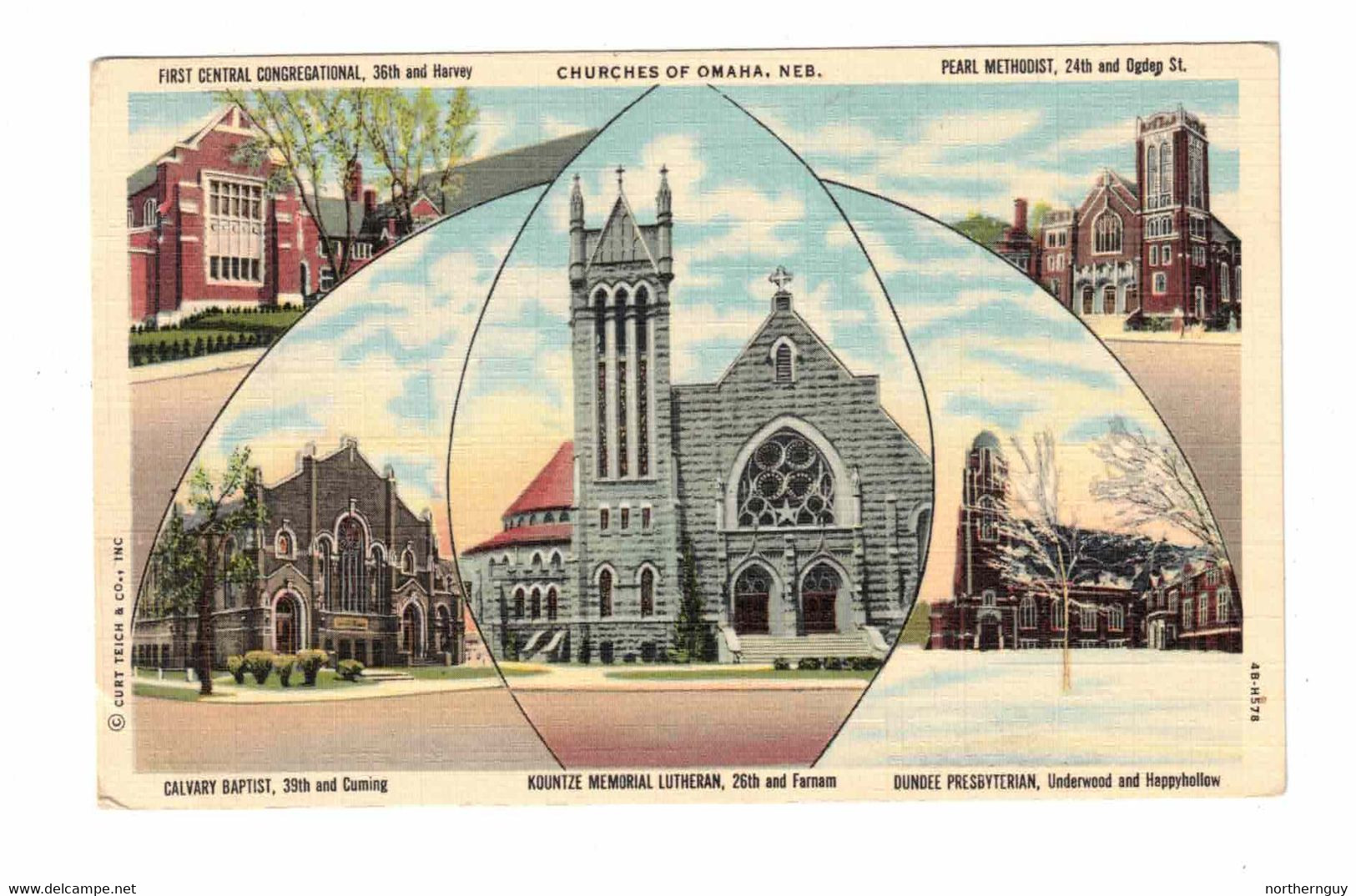 Omaha, Nebraska, USA, "Churches Of Omaha, Neb.", Views Of 5 Churches, Old Linen Postcard - Omaha