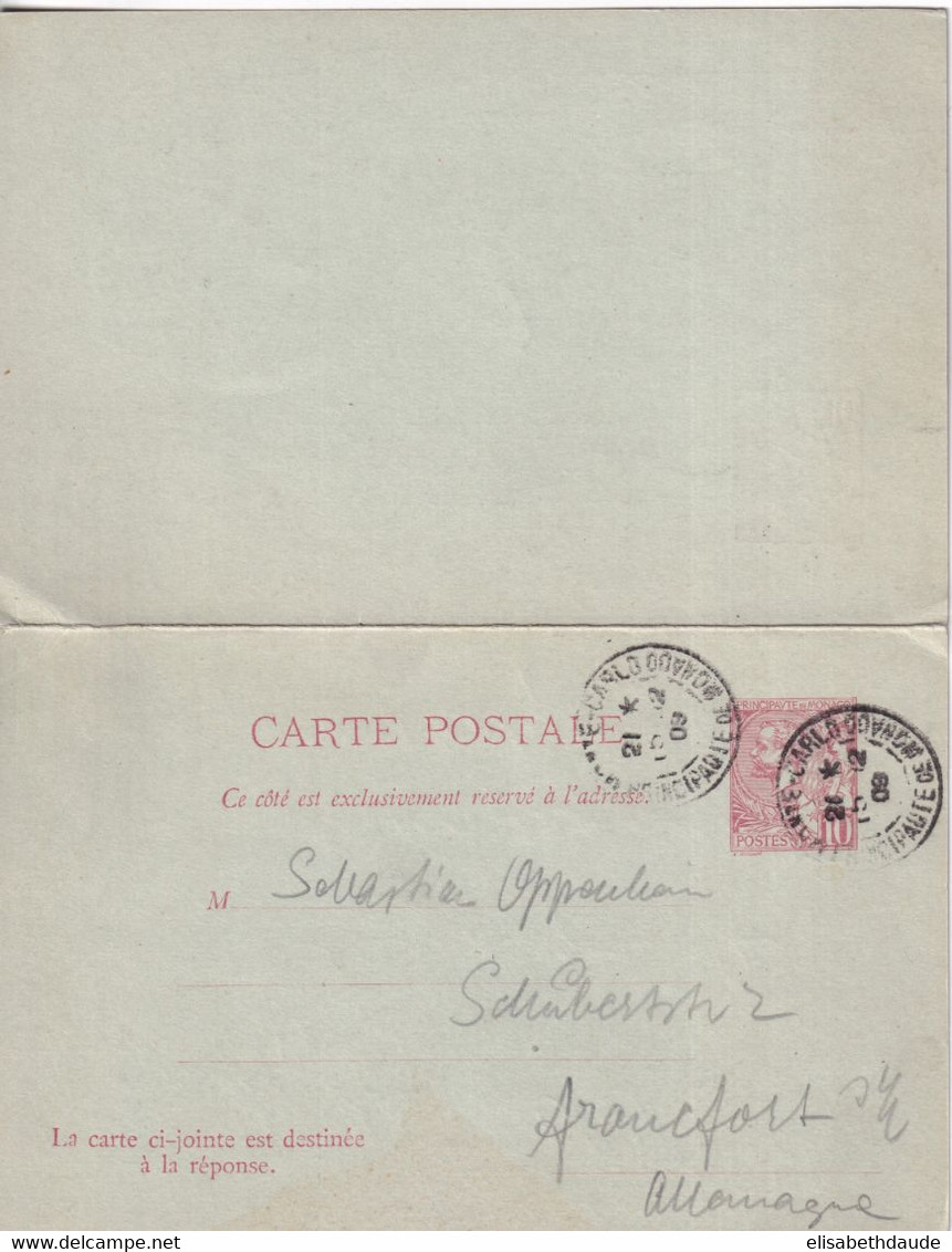 MONACO - 1909 - CARTE ENTIER POSTAL AVEC REPONSE PAYEE De MONTE-CARLO => ALLEMAGNE - Entiers Postaux