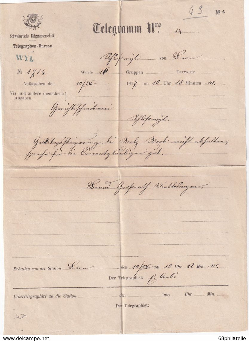 SUISSE 1877 TELEGRAMME DE WYL - Télégraphe