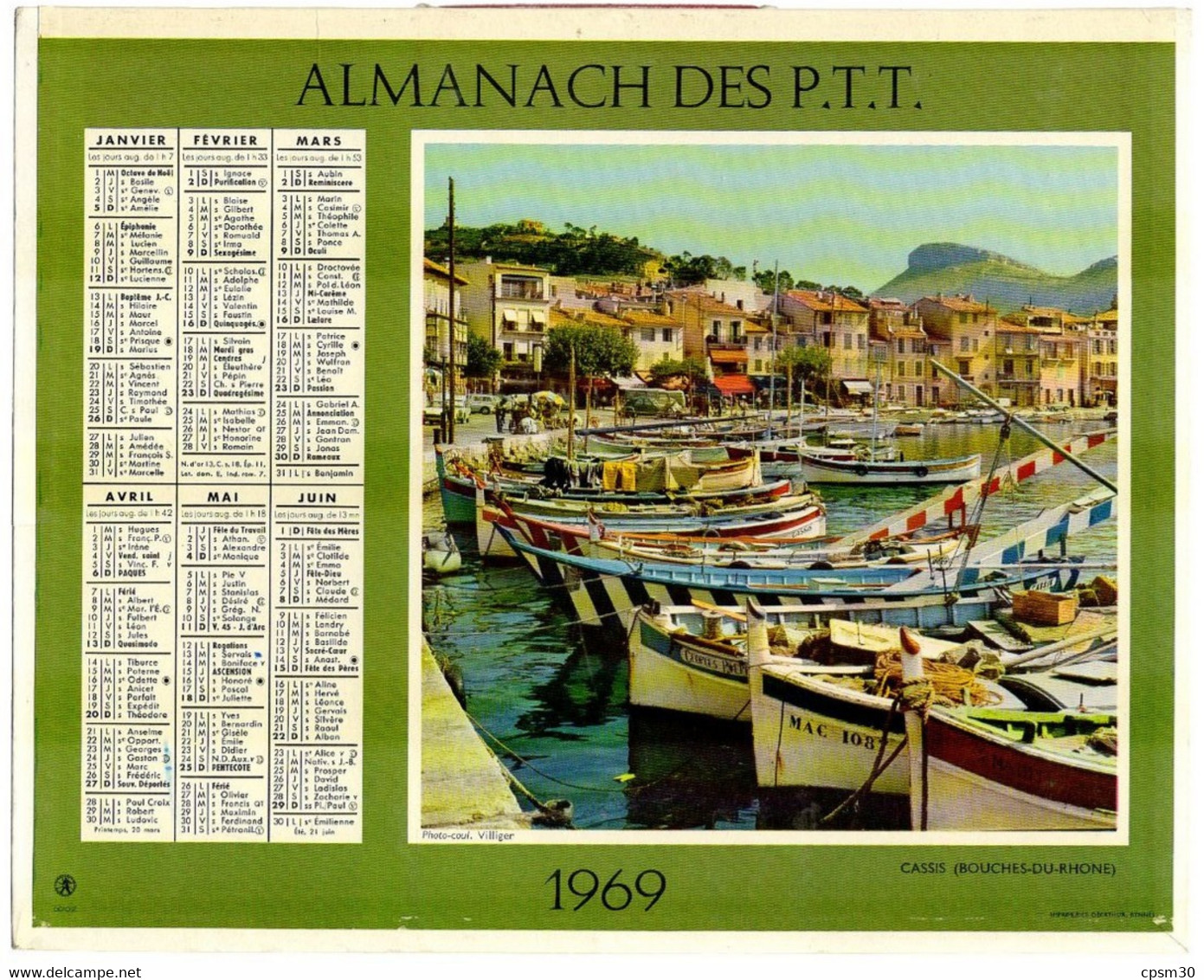 CALENDRIER GF 1969 - Cassis 13 BdR, Quiberon 56 Morbihan, Imprimerie Oberthur (calendrier Double) - Grand Format : 1961-70