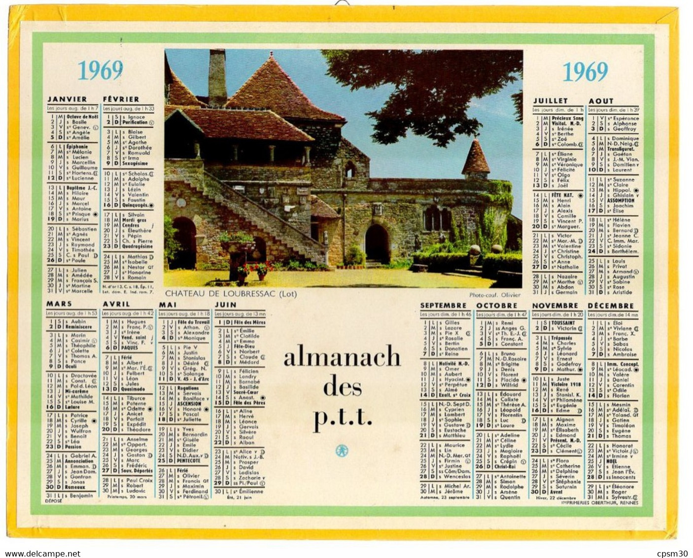 CALENDRIER GF 1969 - Château De Loubressac 46 Lot, Imprimerie Oberthur Rennes - Grand Format : 1961-70