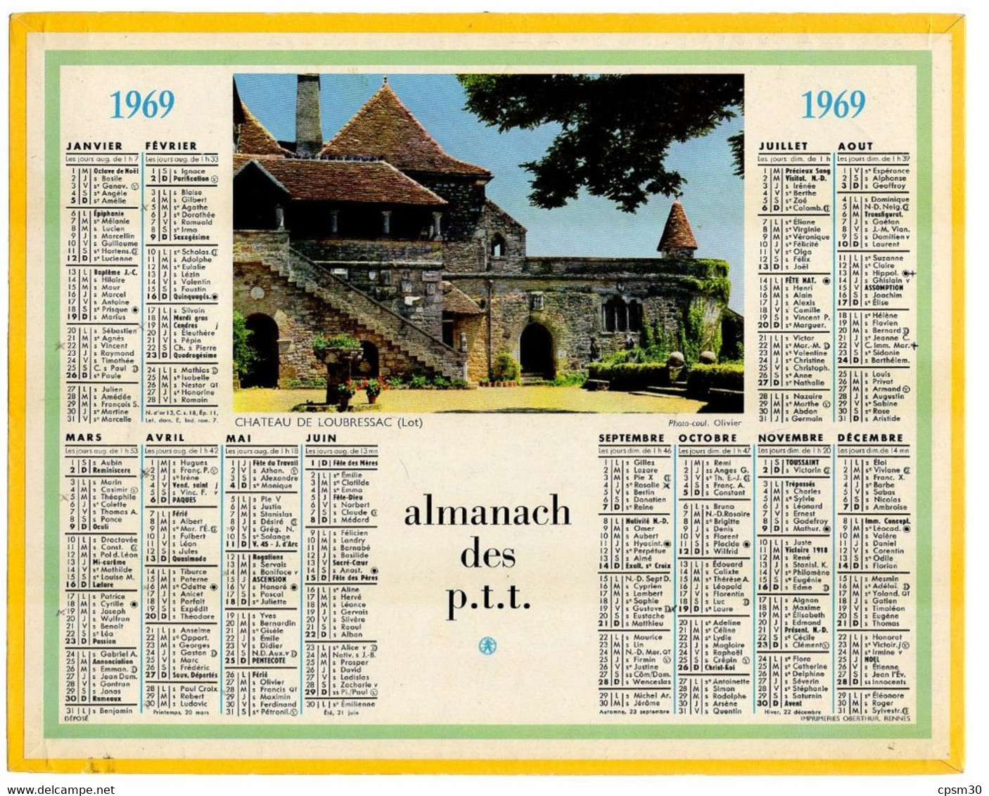 CALENDRIER GF 1969 - Château De Loubressac 46 Lot, Imprimerie Oberthur Rennes - Grand Format : 1961-70