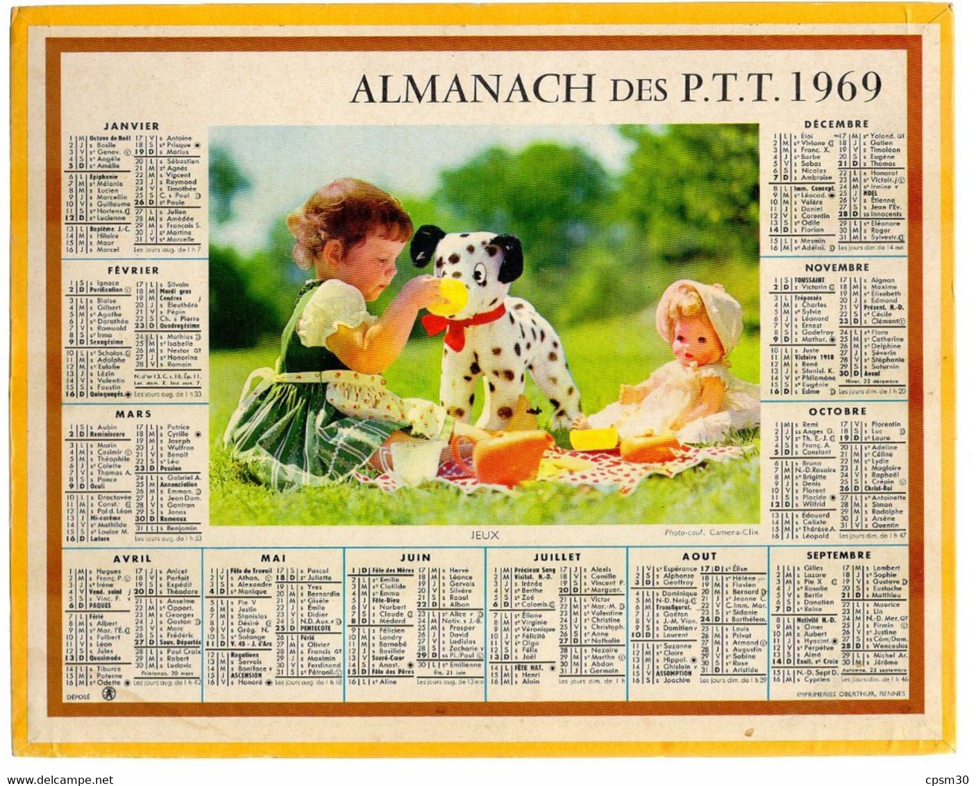 CALENDRIER GF 1969 - Jeux De La Dinette à La Campagne, Imprimerie Oberthur Rennes - Grand Format : 1961-70