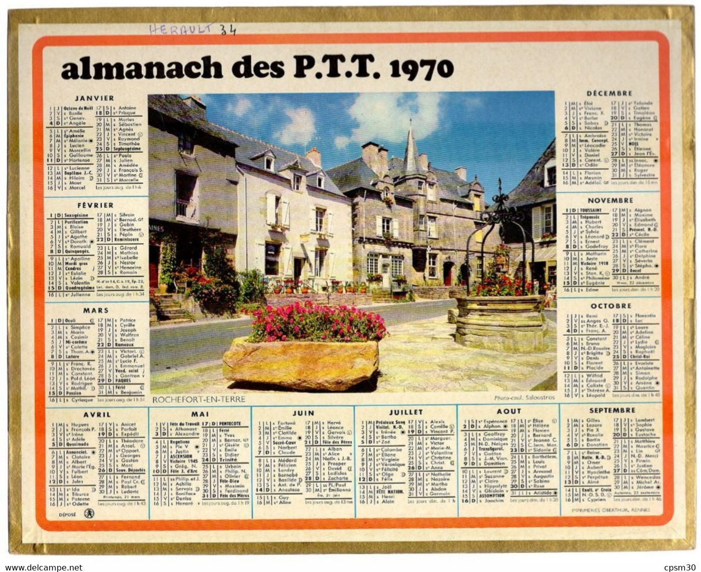 CALENDRIER GF 1970 - Rochefort En Terre 56 Morbihan, Imprimerie Oberthur Rennes - Grand Format : 1961-70