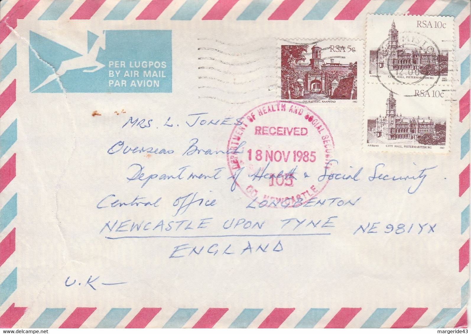 AFRIQUE DU SUD AFFRANCHISSEMENT COMPOSE SUR LETTRE POUR L'ANGLETERRE 1985 - Covers & Documents