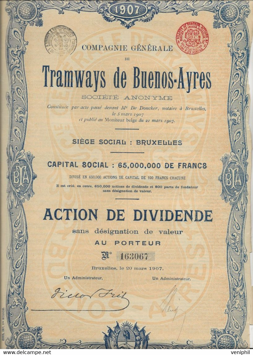 COMPAGNIE GENERALE DE TRAMWAYS DE BUENOS - AYRES - ACTION DE DIVIDENDE -ANNEE 1907 - Spoorwegen En Trams