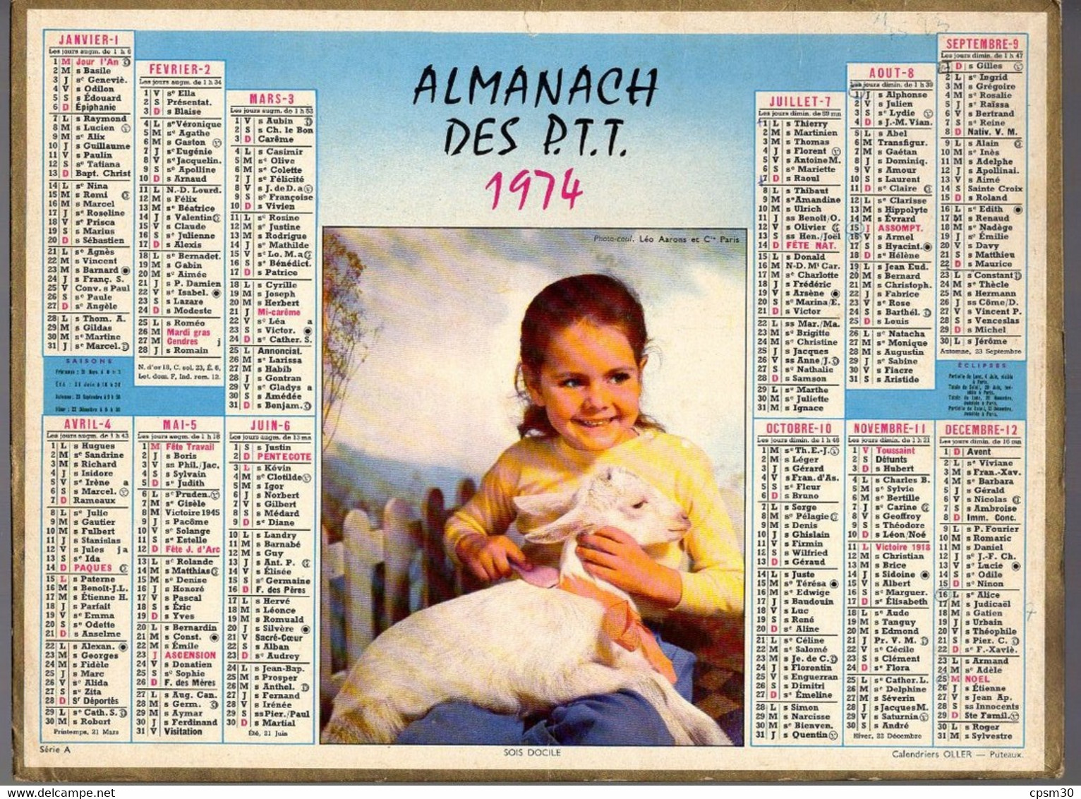 CALENDRIER GF 1974 - Soins Docile, Enfant Et Agneau, Imprimeur Oller - Big : 1971-80