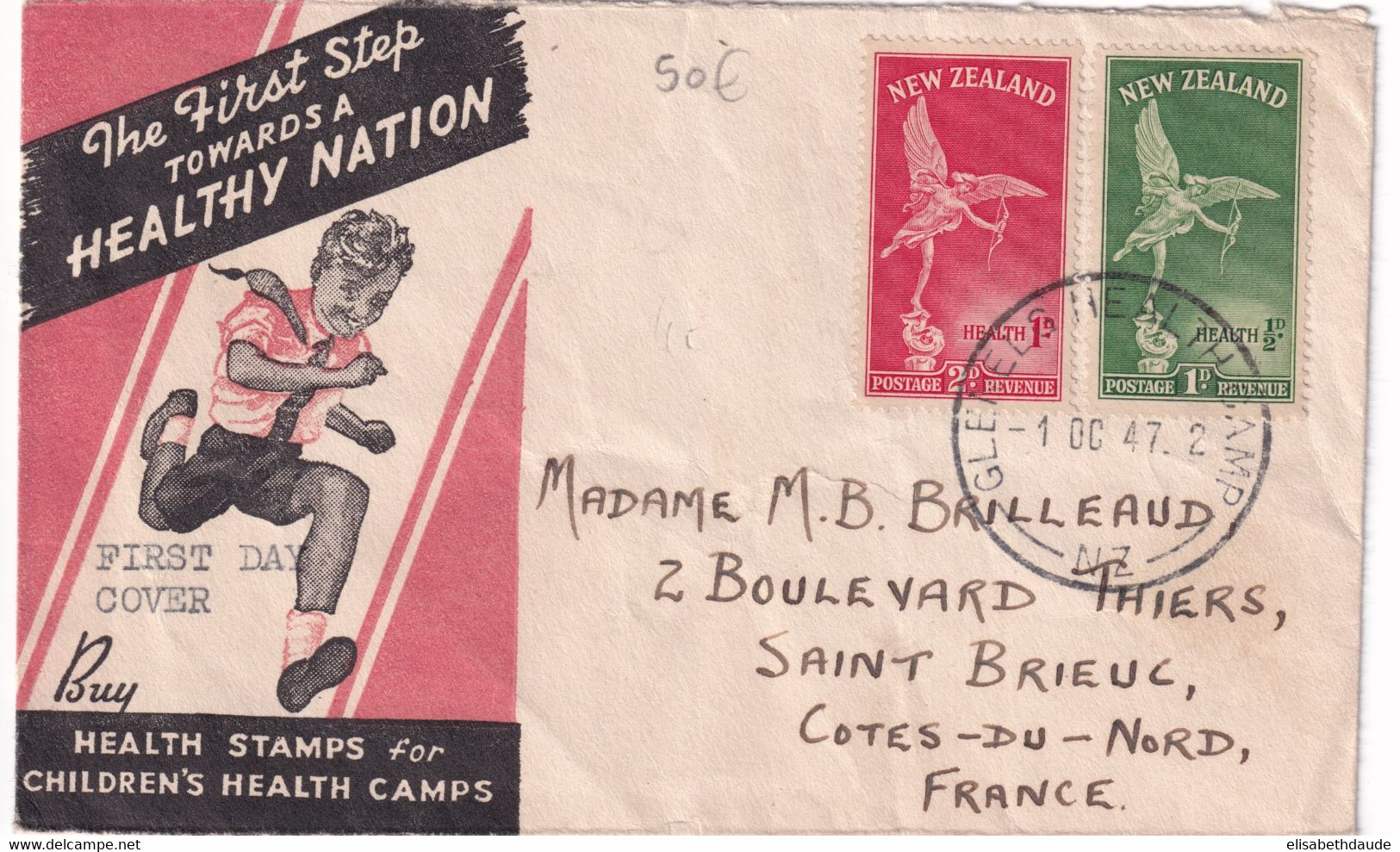 NEW ZEALAND - 1947 - ENVELOPPE FDC De GLENELG HEALTH CAMP => ST BRIEUC (FRANCE) - Lettres & Documents