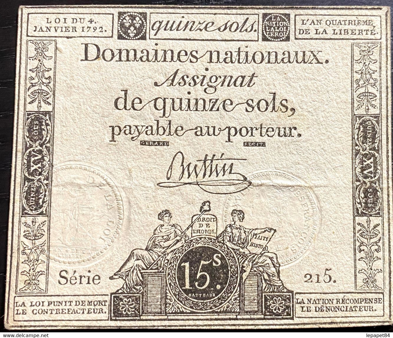 Assignat De 15 Sols Signé Buttin - Série 215 - Assignats & Mandats Territoriaux