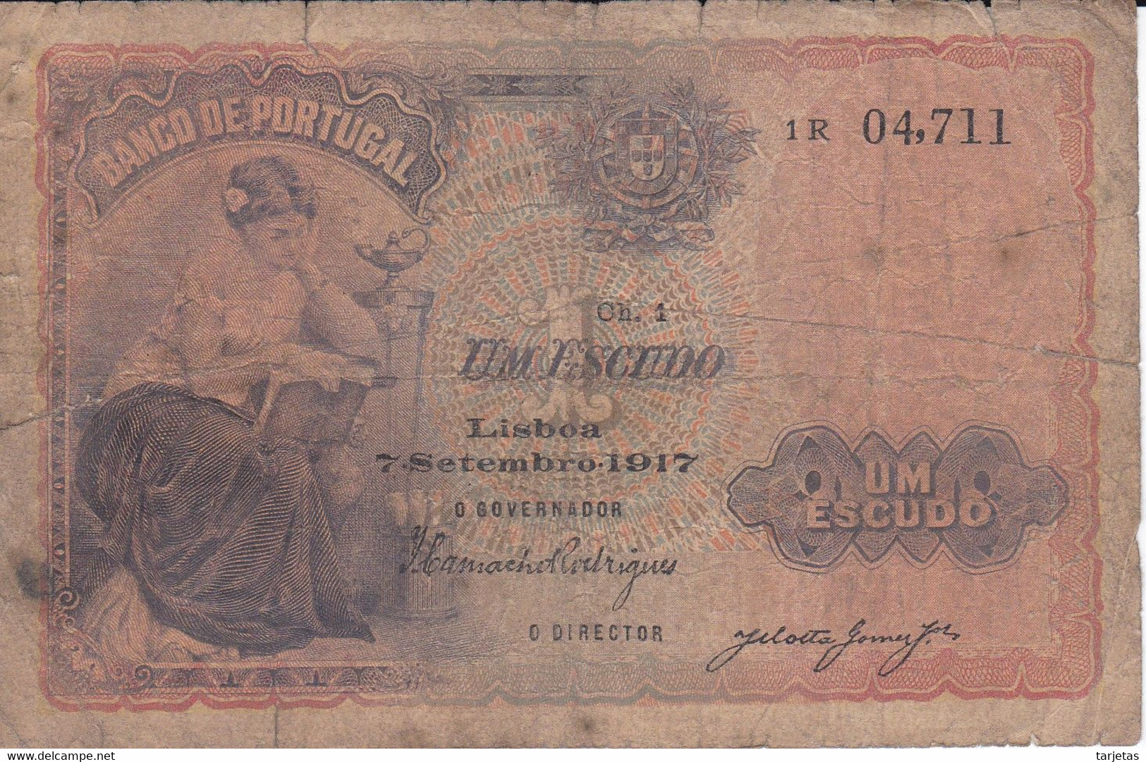 BILLETE DE PORTUGAL DE 1 ESCUDO  DEL AÑO 1917 DIFERENTES FIRMAS (BANKNOTE) - Portugal