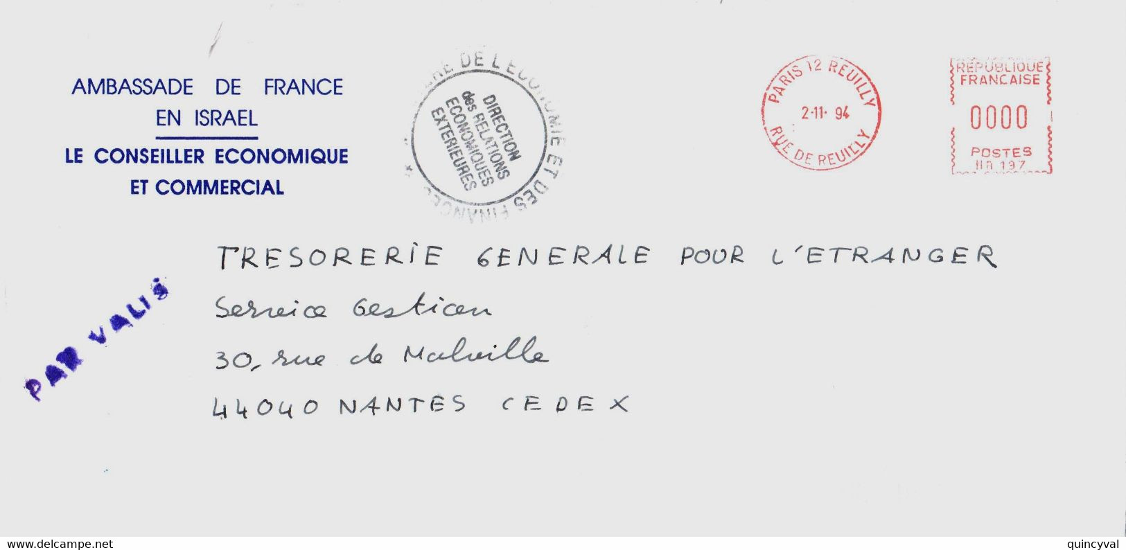 PARIS 12 Reuilly Lettre Entête Ambassade France ISRAEL EMA Griffe PAR VALISE Ministère Finances Ob 1994 - 1961-....