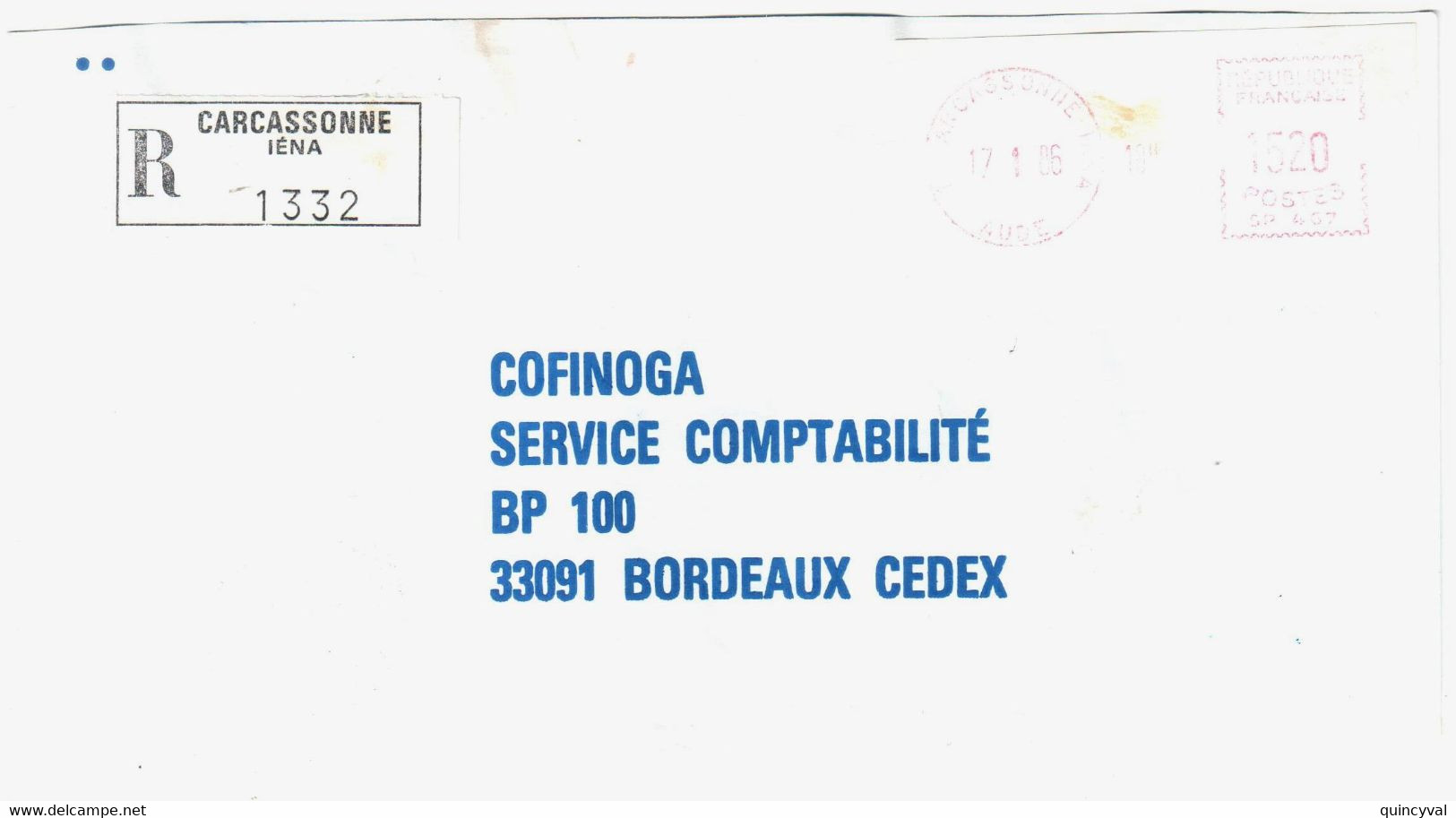 CARACASSONNE IENA 11 Aube Lettre Recommandée EMA De Guichet SP 467 15,20 F Ob 17 1 1986 - EMA (Print Machine)
