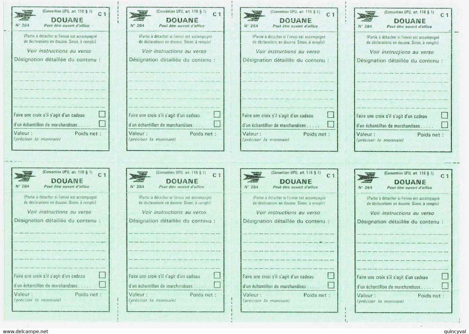 Feuille De 8 Etiquettes DOUANE C1 Formule N° 284 VERTES Convention UPU - Other & Unclassified