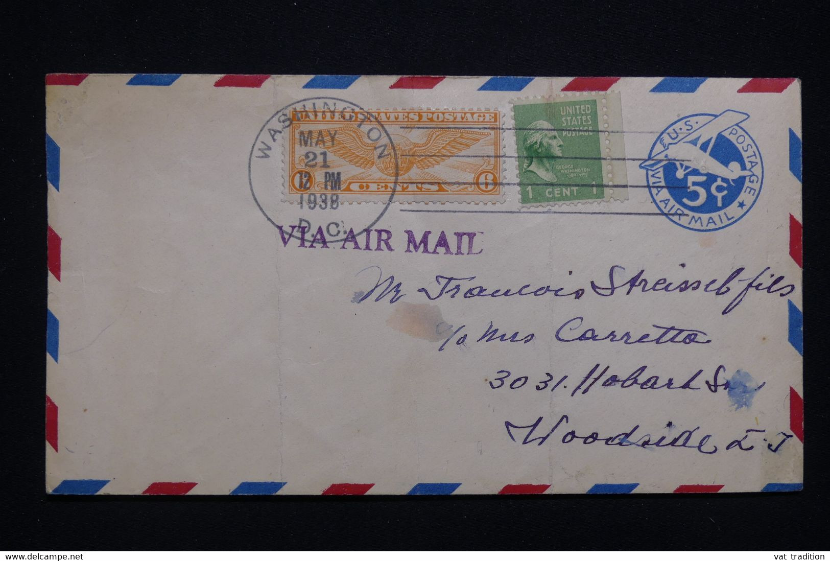 ETATS UNIS - Entier Postal Par Avion + Compléments De Washington En 1938 Avec Cachet Au Verso 1er Vol - L 94099 - 1921-40