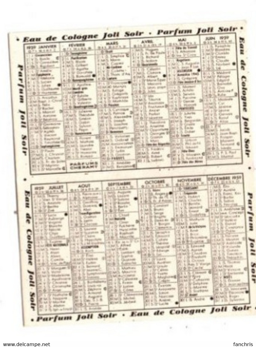 Petit Calendrier 1959-Joli Soir -Parfums CHERAMY Plus Une Carte Parfumée MURY-Narcisse Bleu - Small : 1941-60