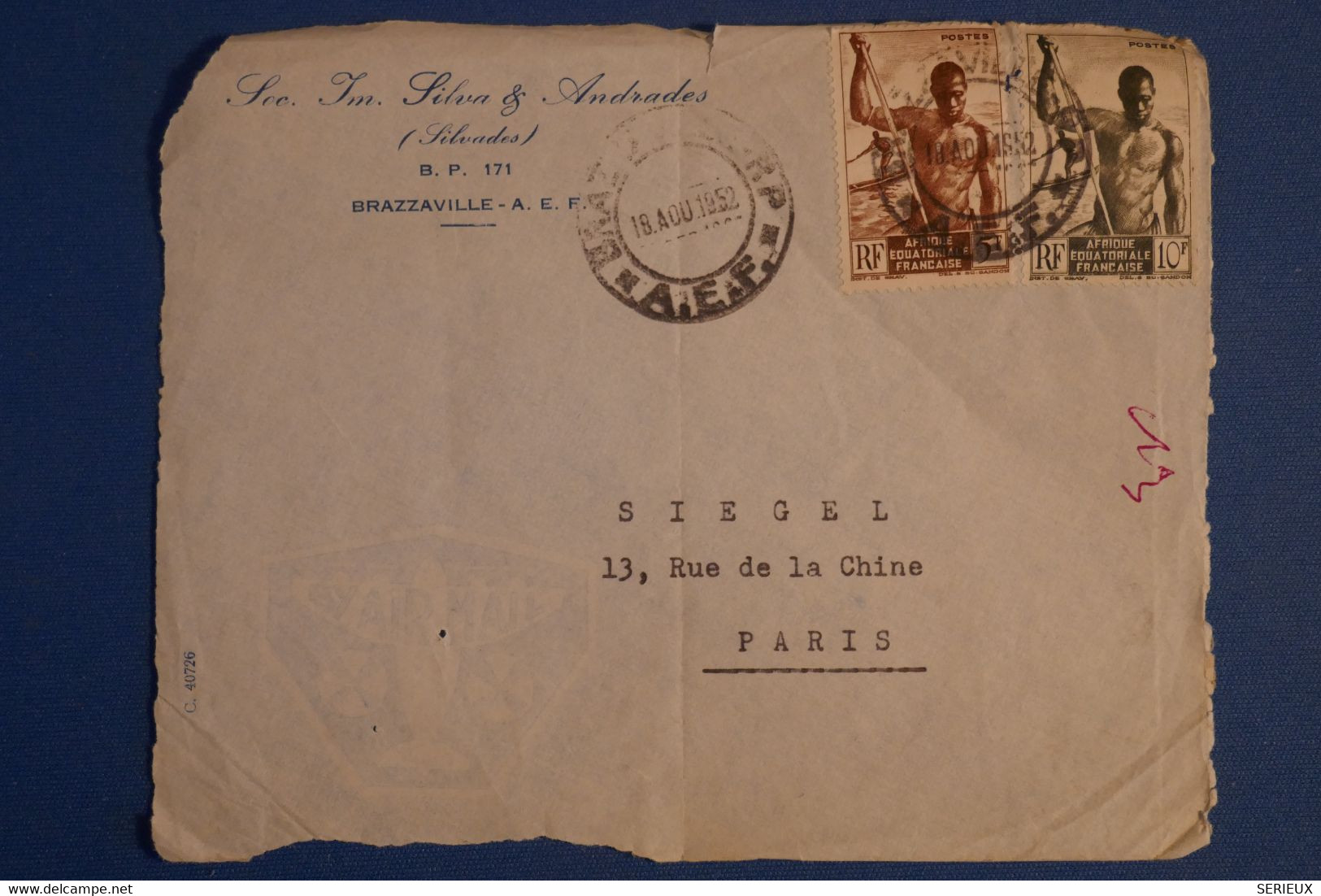 P5 AEF CONGO   BELLE LETTRE DEVANT 1952   POUR PARIS RUE DE LA CHINE FRANCE + TAB + AFFRANCHISSEMENT INTERESSANT - Lettres & Documents