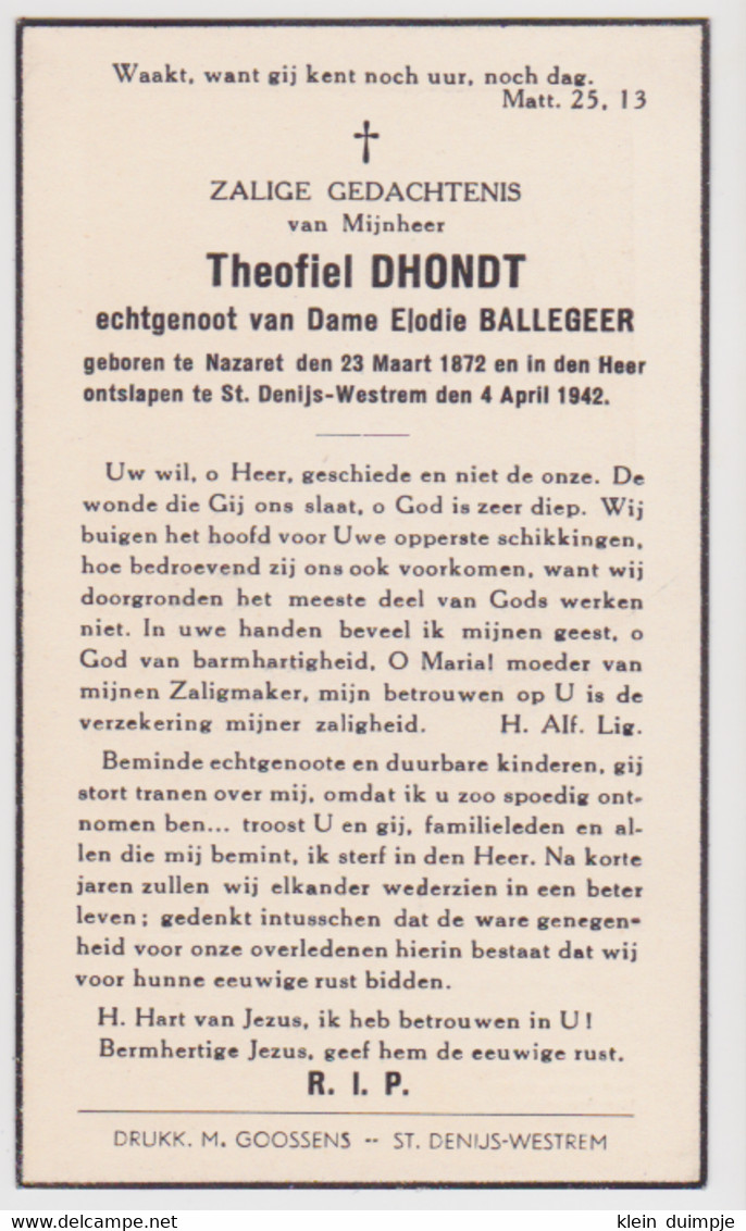 Doodsprentje Theofiel Dhondt. °Nazareth, +St. Denijs-Westrem. Echtgen. Ballegeer. - Décès