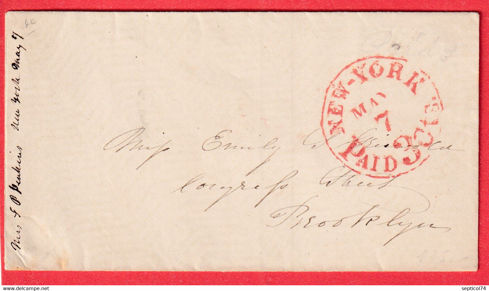 NEW YORK ROUGE RED PAID 30CTS POUR BROOKLYN VERS 1850 - …-1845 Voorfilatelie