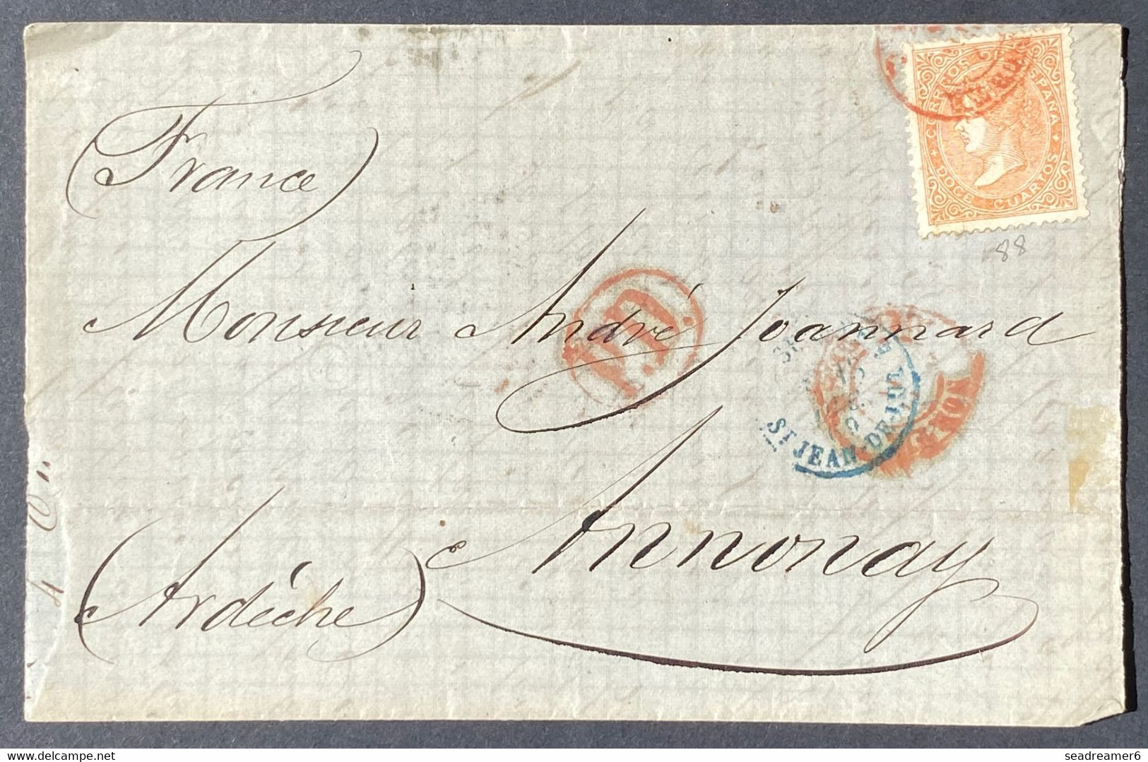 Espagne Lettre 1869 N°88a Doce Cuartos Orange Obl Dateur Rouge Ambulant "Norte AMB .DESC  Annonay Pas Courant Ainsi ! - Brieven En Documenten