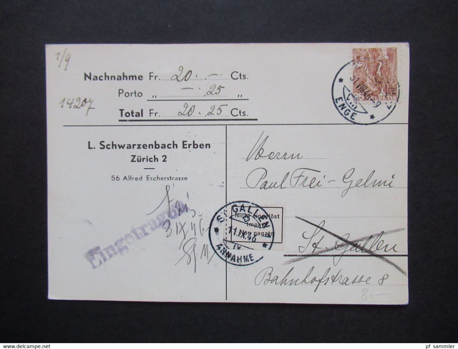 1946 Nachnahme PK L. Schwarzenbach Erben Zürich 2 Nach St. Gallen Schwarzer L1 Eingetragen U. Aufkleber Nicht Eingelöst - Briefe U. Dokumente