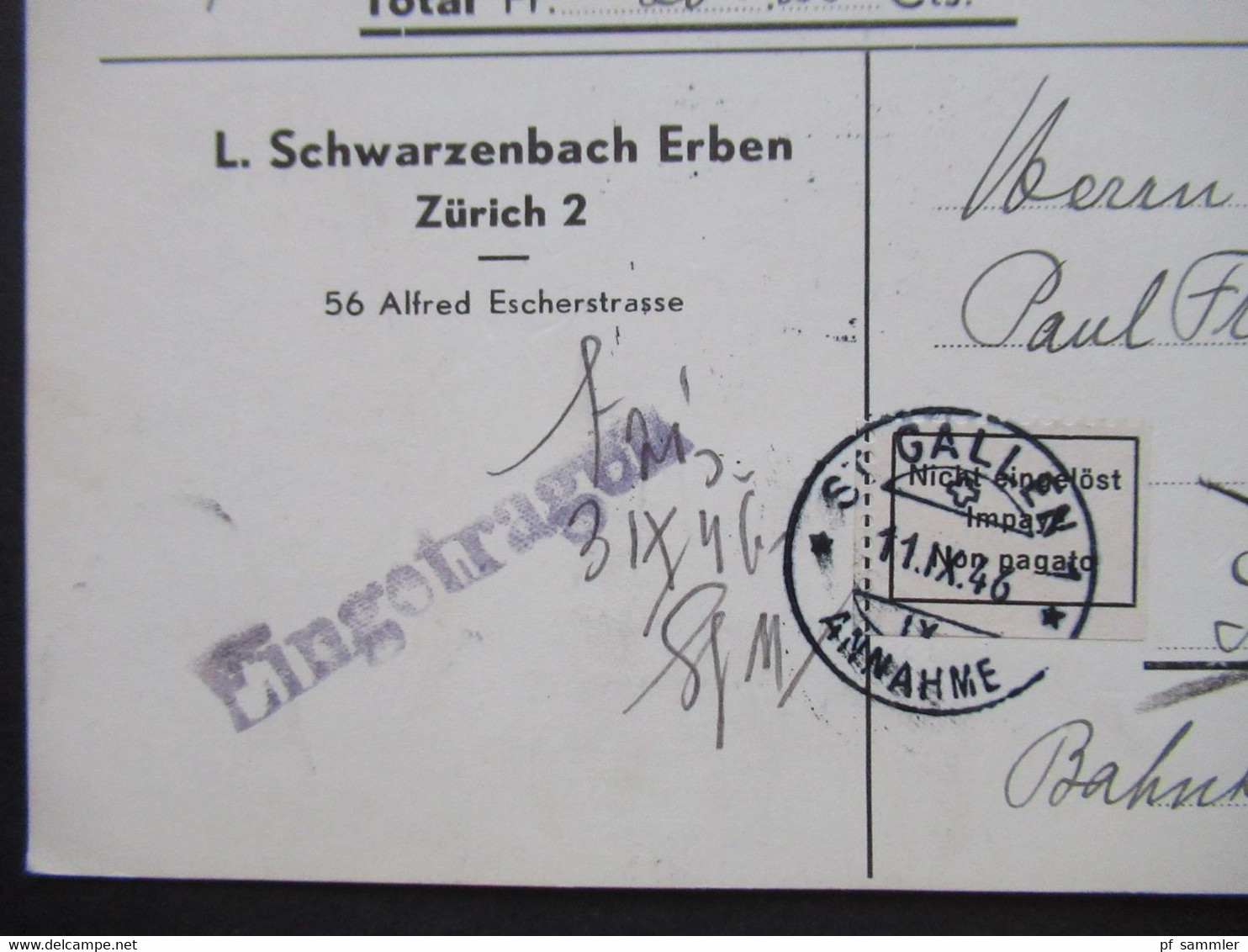 1946 Nachnahme PK L. Schwarzenbach Erben Zürich 2 Nach St. Gallen Schwarzer L1 Eingetragen U. Aufkleber Nicht Eingelöst - Briefe U. Dokumente