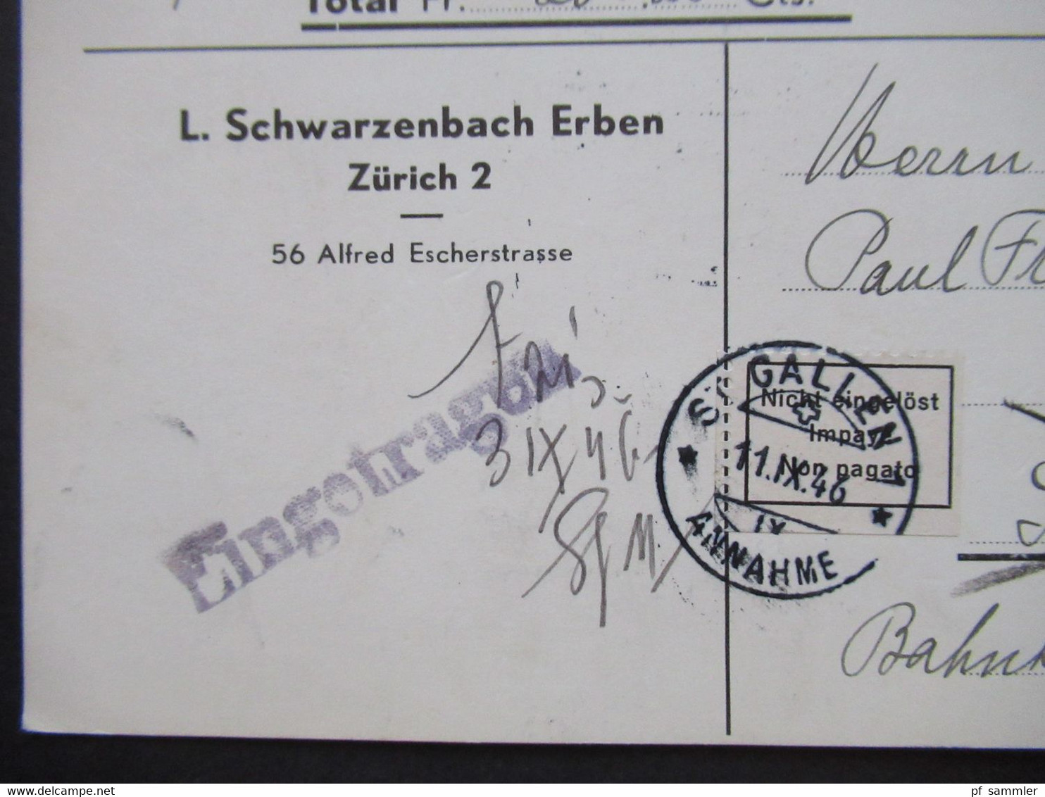 1946 Nachnahme PK L. Schwarzenbach Erben Zürich 2 Nach St. Gallen Schwarzer L1 Eingetragen U. Aufkleber Nicht Eingelöst - Covers & Documents