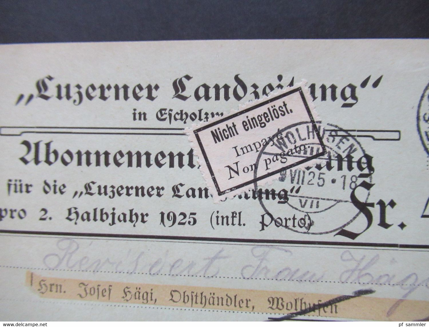 Schweiz 1925 Luzerner Landzeitung Abonnements Quittung Retour Aufkleber Nicht Eingelöst Impaye Non Pagato - Cartas & Documentos