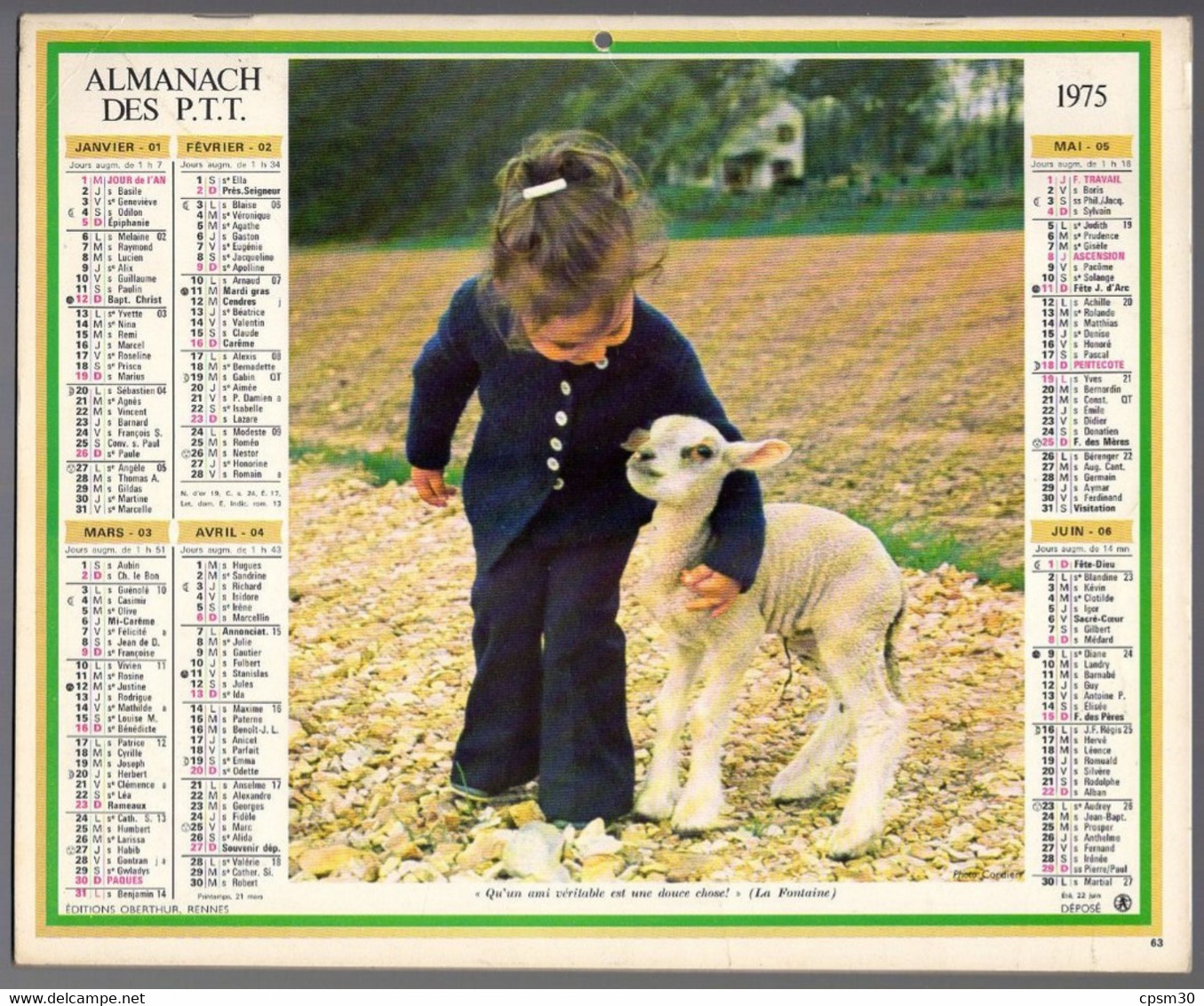 CALENDRIER GF 1975 - Chatons Et Agneau, Imprimeur Oberthur Rennes (calendrier Double) - Big : 1971-80