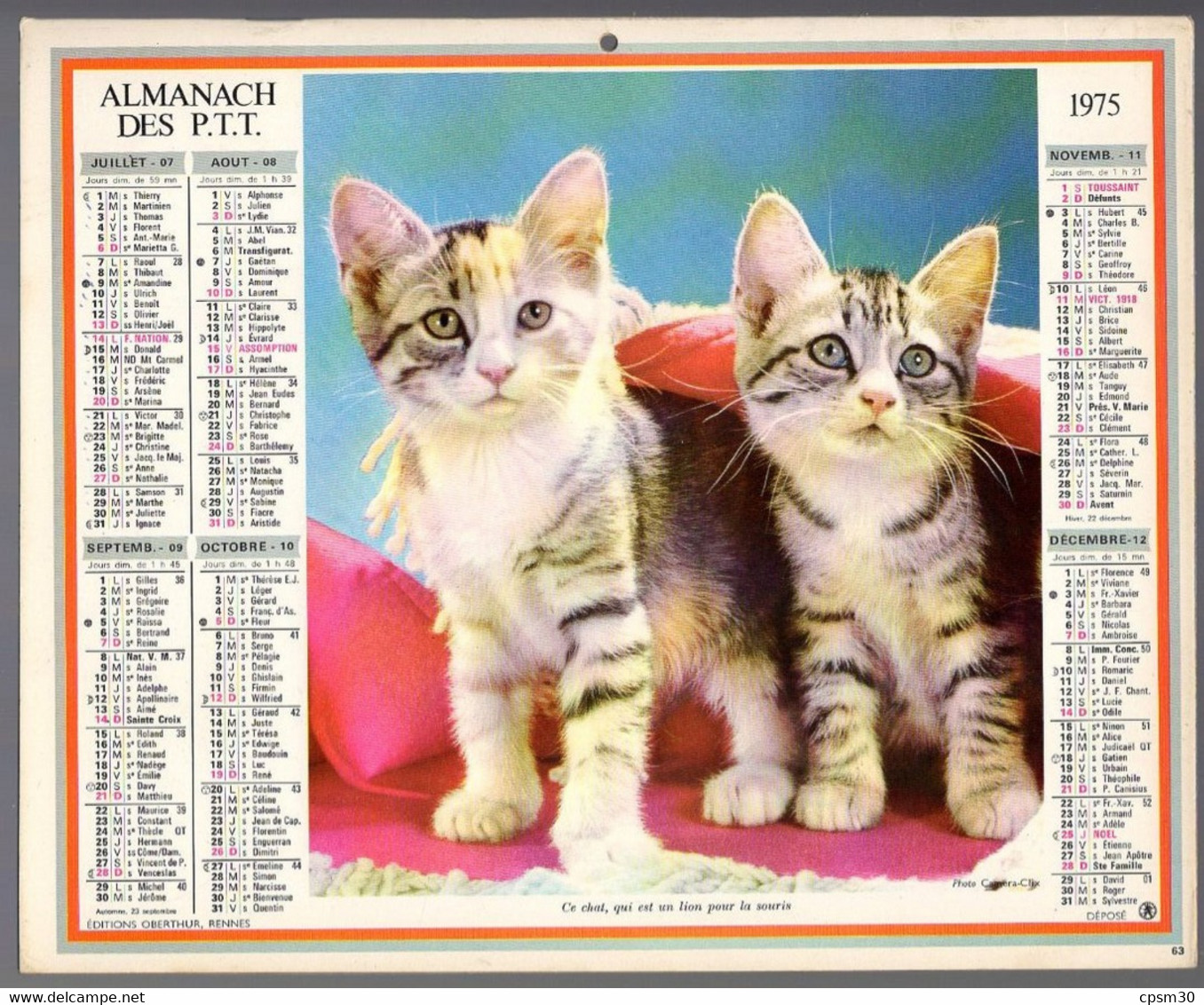 CALENDRIER GF 1975 - Chatons Et Agneau, Imprimeur Oberthur Rennes (calendrier Double) - Big : 1971-80