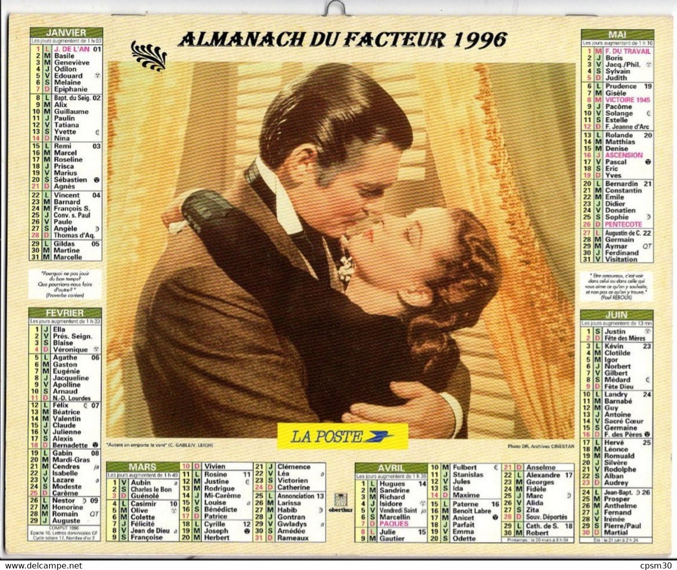 CALENDRIER GF 1996 - Film C. Gable/V. Leigh, Cléopâtre Taylor/Burton, Imprimeur Oberthur Rennes (calendrier Double) - Grand Format : 1991-00