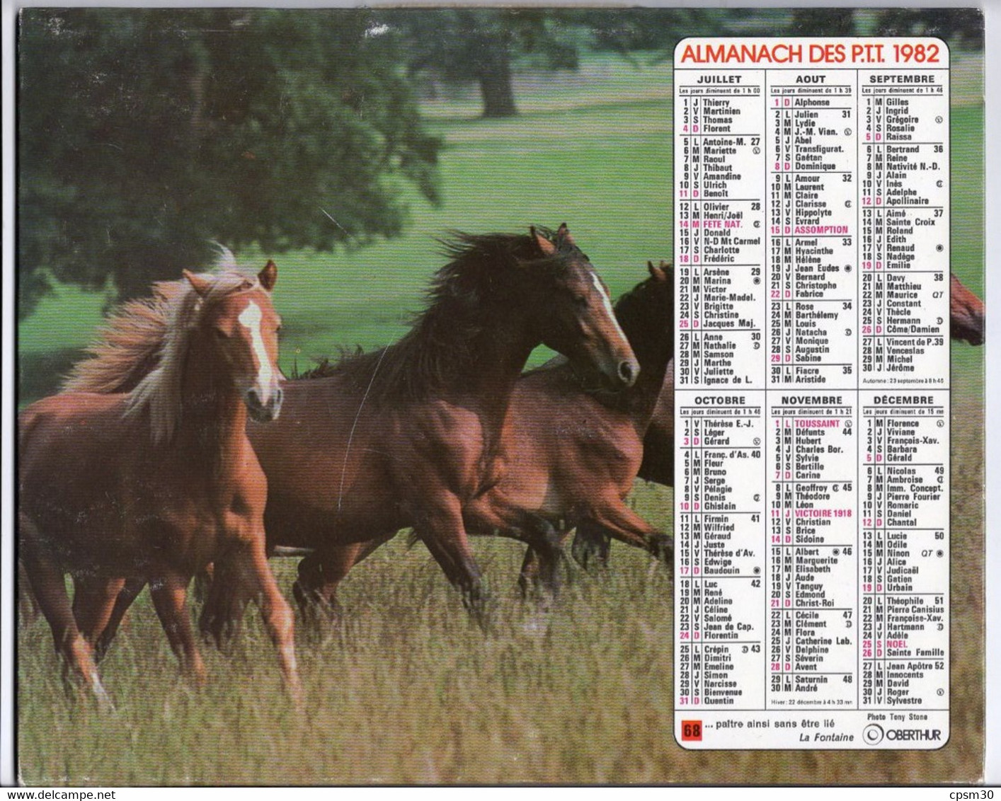 CALENDRIER GF 1982 - Vaches En Pâturage, Chevaux, Imprimeur Oberthur Rennes (calendrier Double) - Grand Format : 1981-90