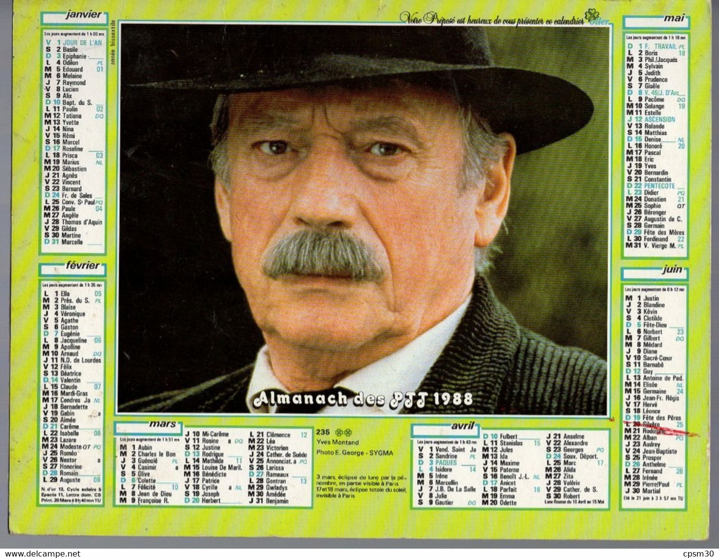 CALENDRIER GF 1988 - Film Yves Montand Emmanuelle Béart, Imprimeur Oller (calendrier Double) - Grand Format : 1981-90