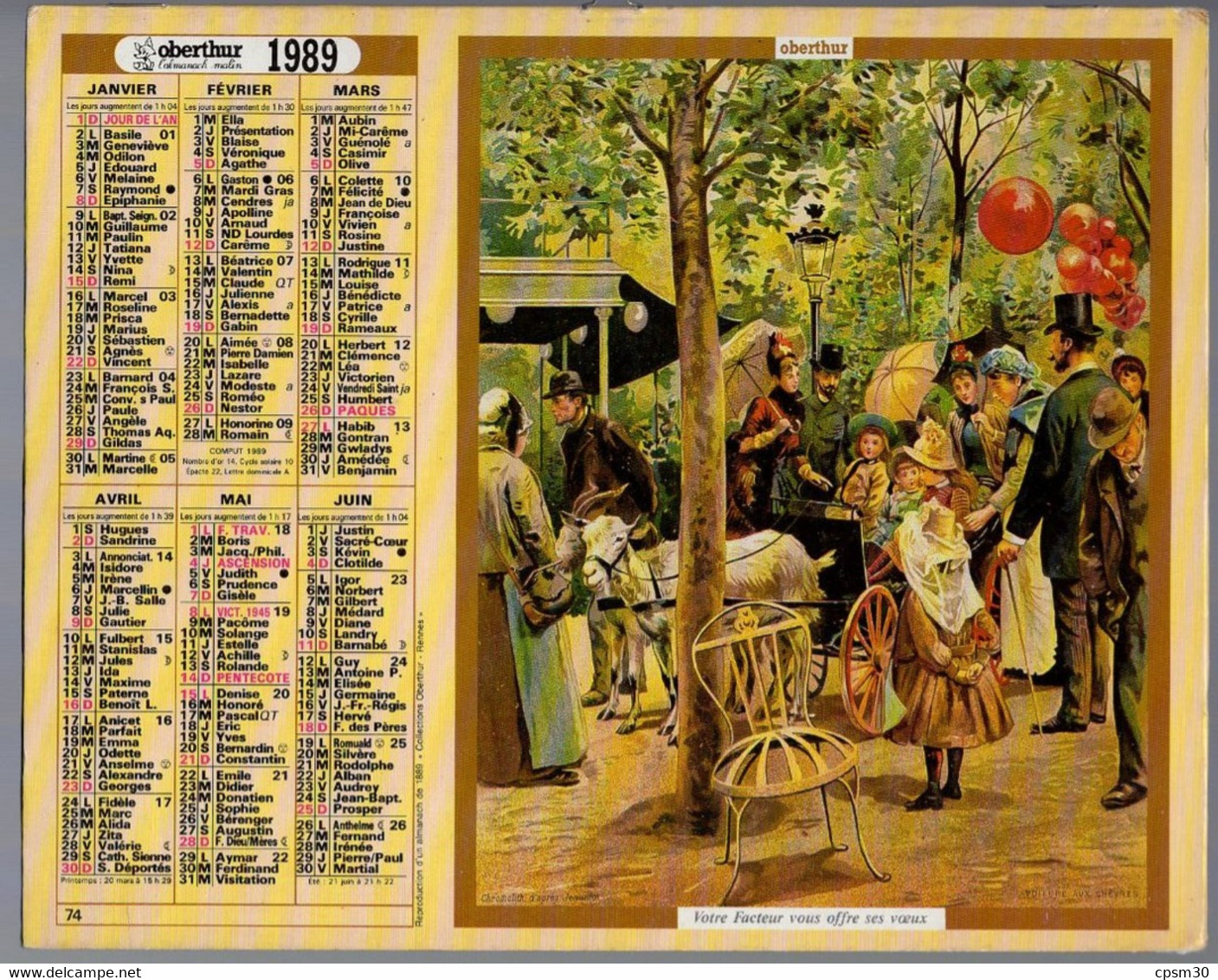 CALENDRIER GF 1989 - Reproduction De 1889, Imprimeur Oberthur Rennes (calendrier Double) - Grand Format : 1981-90