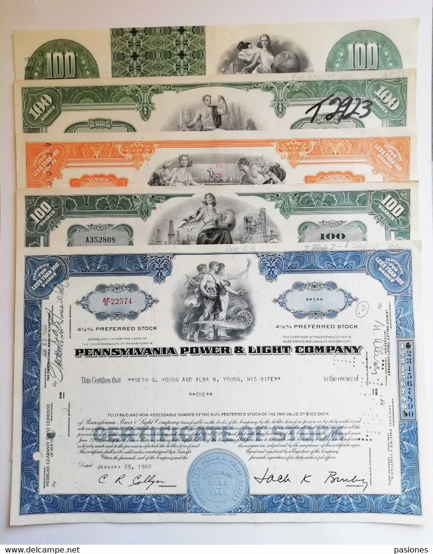 U.S.A. "Stock Certificates" Anni '60 Compagnie Varie - Lotto Di 5 - Electricidad & Gas