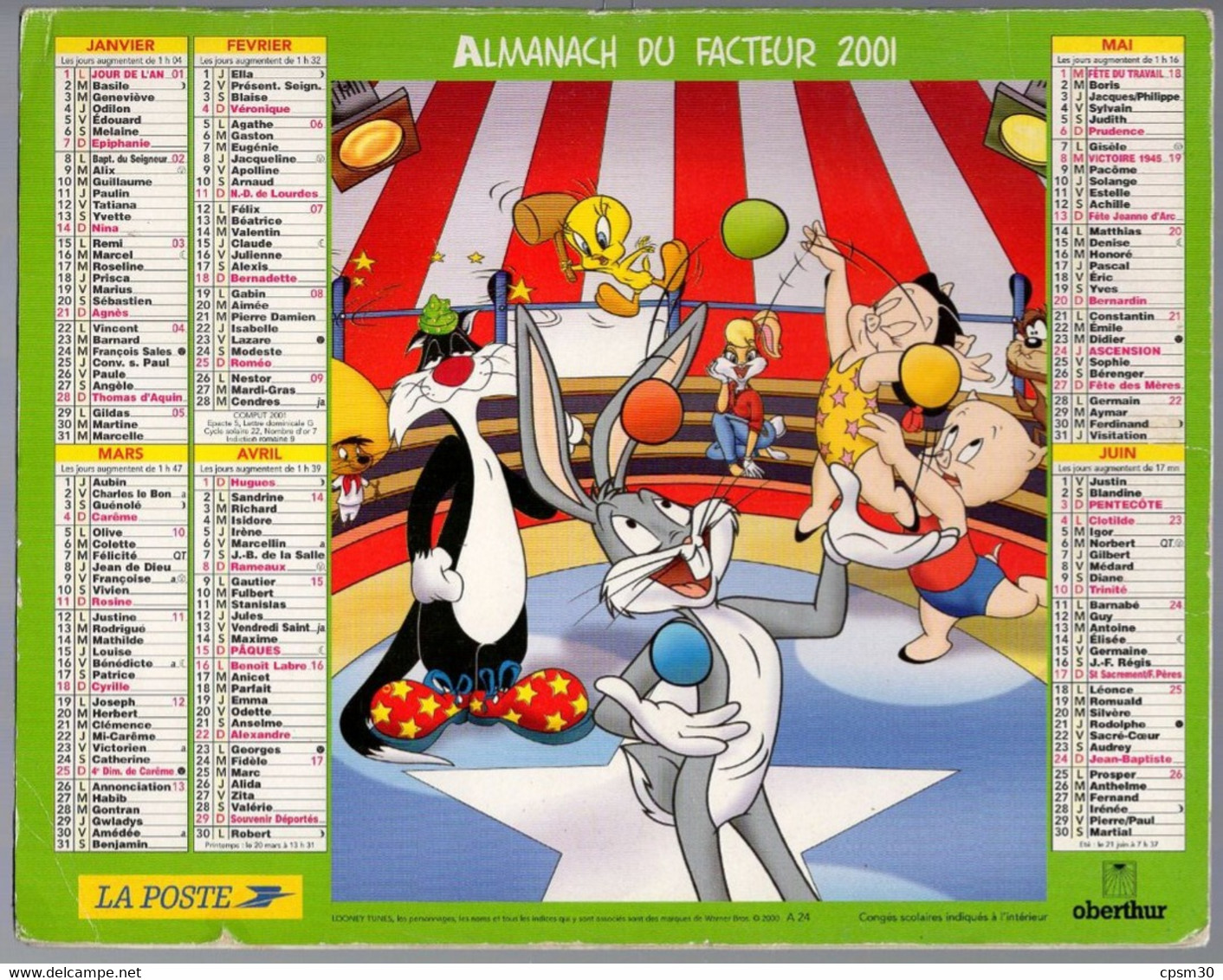 CALENDRIER GF 2001 - Bugs Bunny, Imprimeur Oberthur Rennes (calendrier Double) - Grand Format : 2001-...