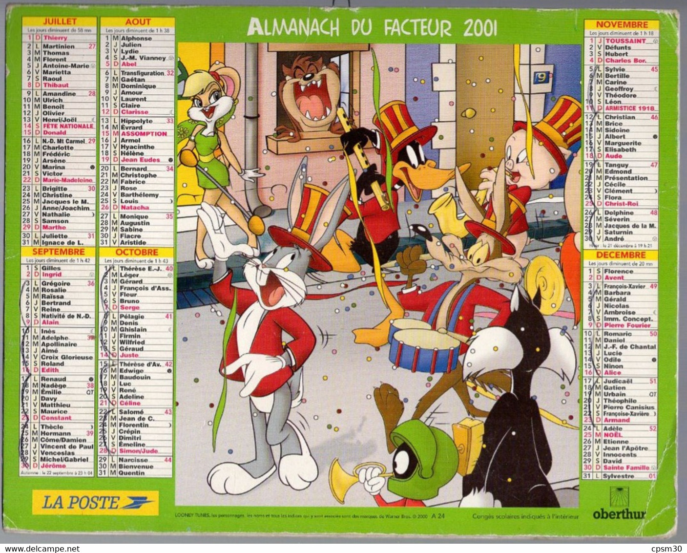 CALENDRIER GF 2001 - Bugs Bunny, Imprimeur Oberthur Rennes (calendrier Double) - Grand Format : 2001-...