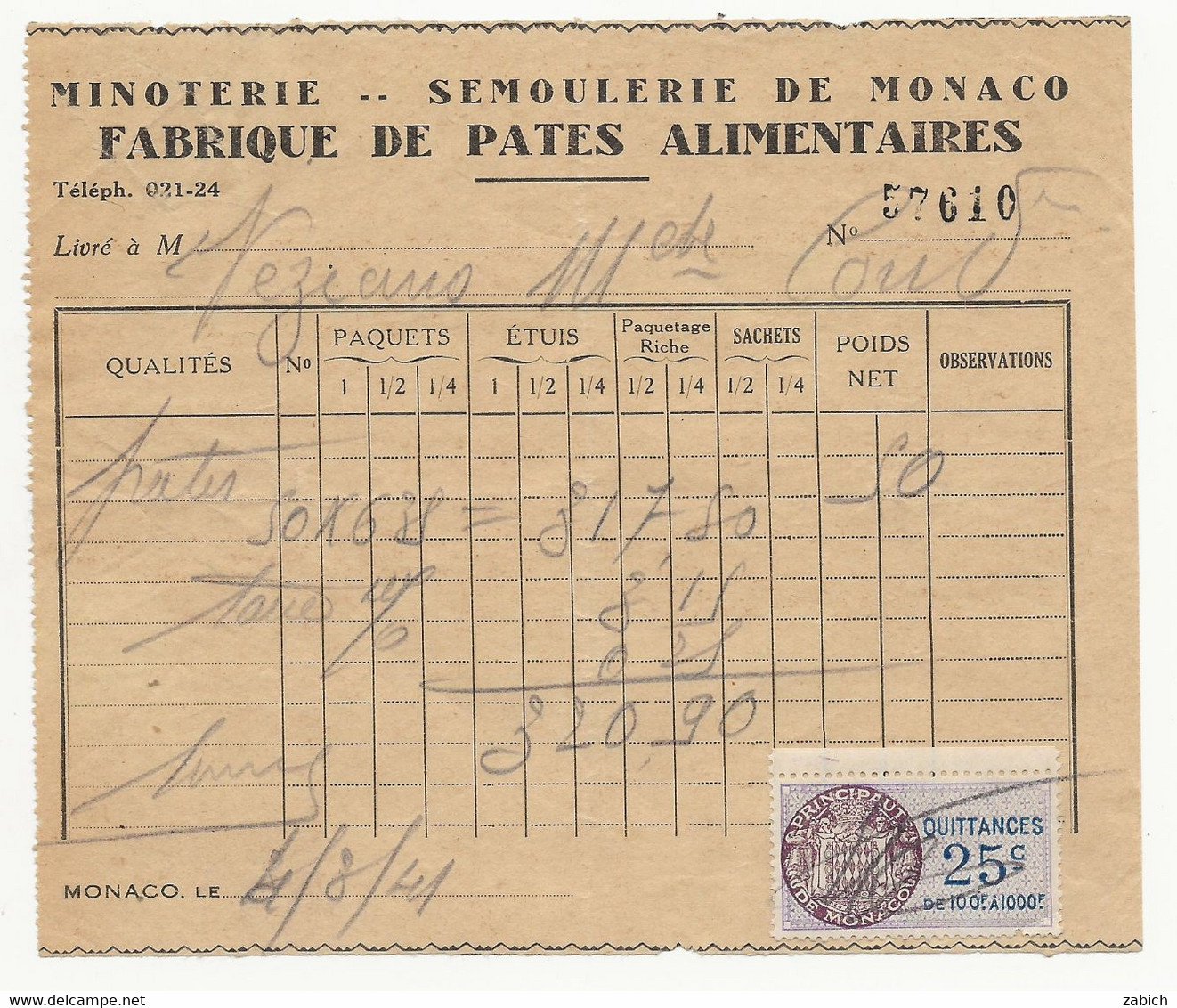 TIMBRES FISCAUX DE MONACO QUITTANCE N°6 25 C Violet Brun Et Bleu Sur Document Du 4 MARS 1941 - Steuermarken