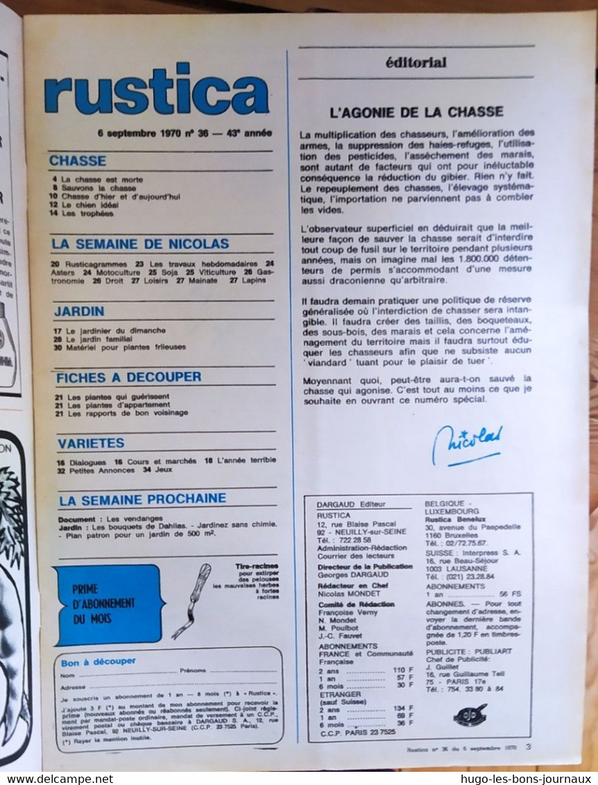 Rustica_N°36_6 Septembre 1970_Spécial Chasse_la Chasse Est Morte_...sauvons La Chasse - Jardinage