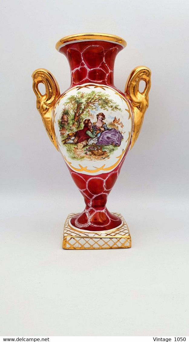 Vase Ancien Porcelaine De Bruxelles  XIXe  Thème Fragonard  Bordeau Dorures 2 Anses Ht 22 Cm #Belgium #Bruxelles #rare - Altri & Non Classificati