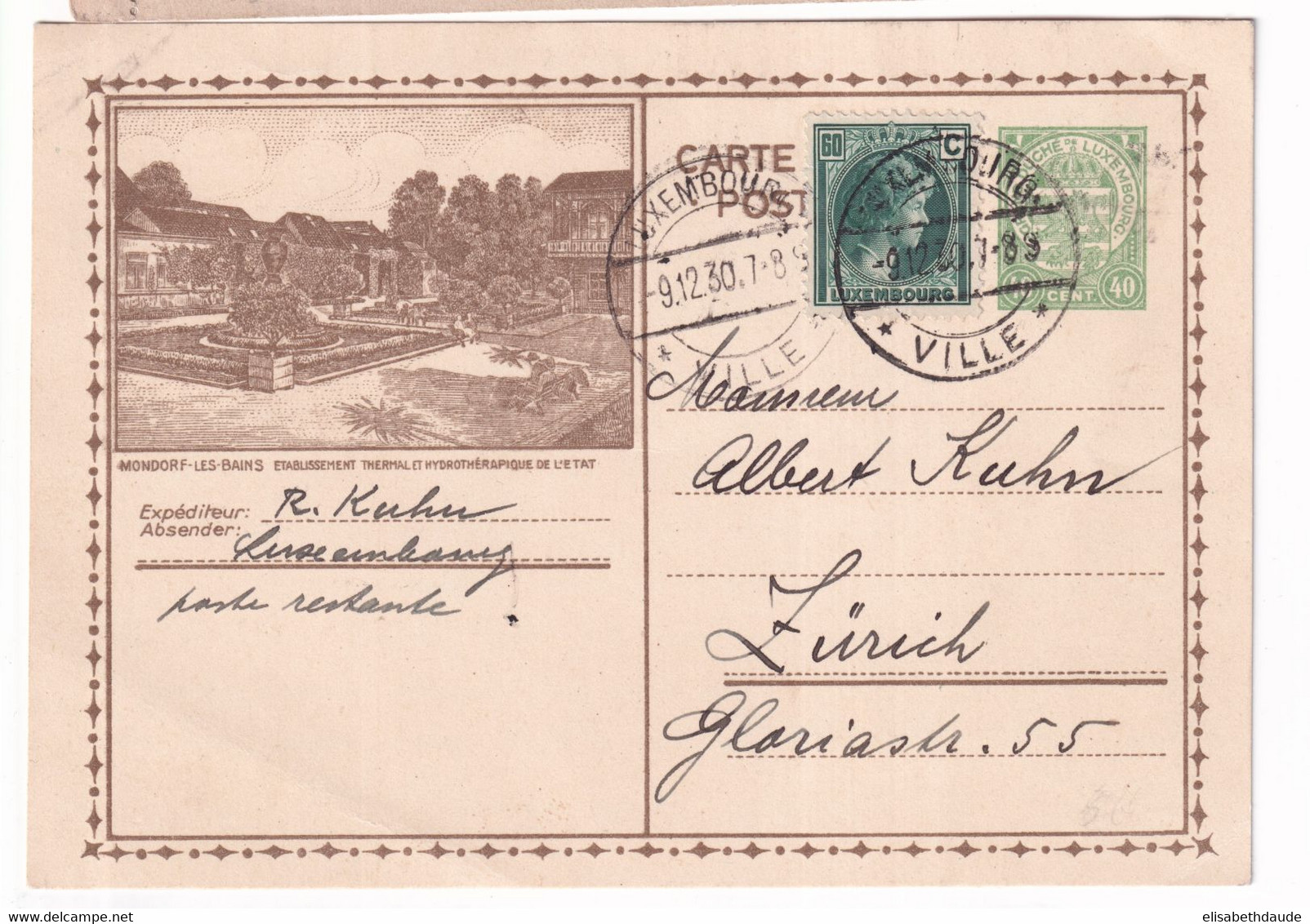 LUXEMBOURG - 1930 - CARTE ENTIER ILLUSTREE (MONDORF) => ZÜRICH (SUISSE) ! - Stamped Stationery