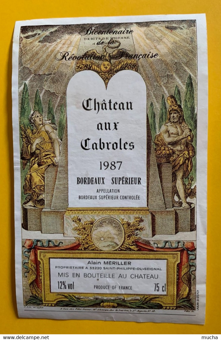 19195 - Château Aux Cabroles 1987 Bordeaux Supérieur Bicentenaire Droits De L'Homme Et Révolution Française - 200 Jahre Französische Revolution