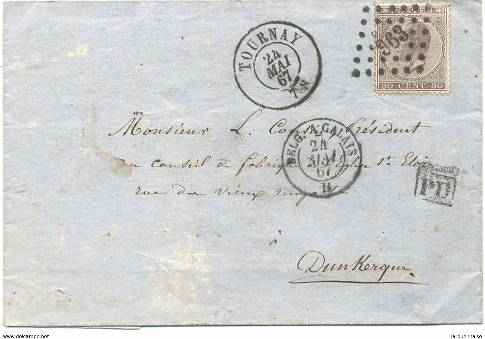 BELGIQUE - N° 19 SUR LETTRE DE TOURNAY Pour DUNKERQUE, Obl Losange 963 + P D + Entrée Ambulant BEL .A CALAIS/A - Enveloppes-lettres