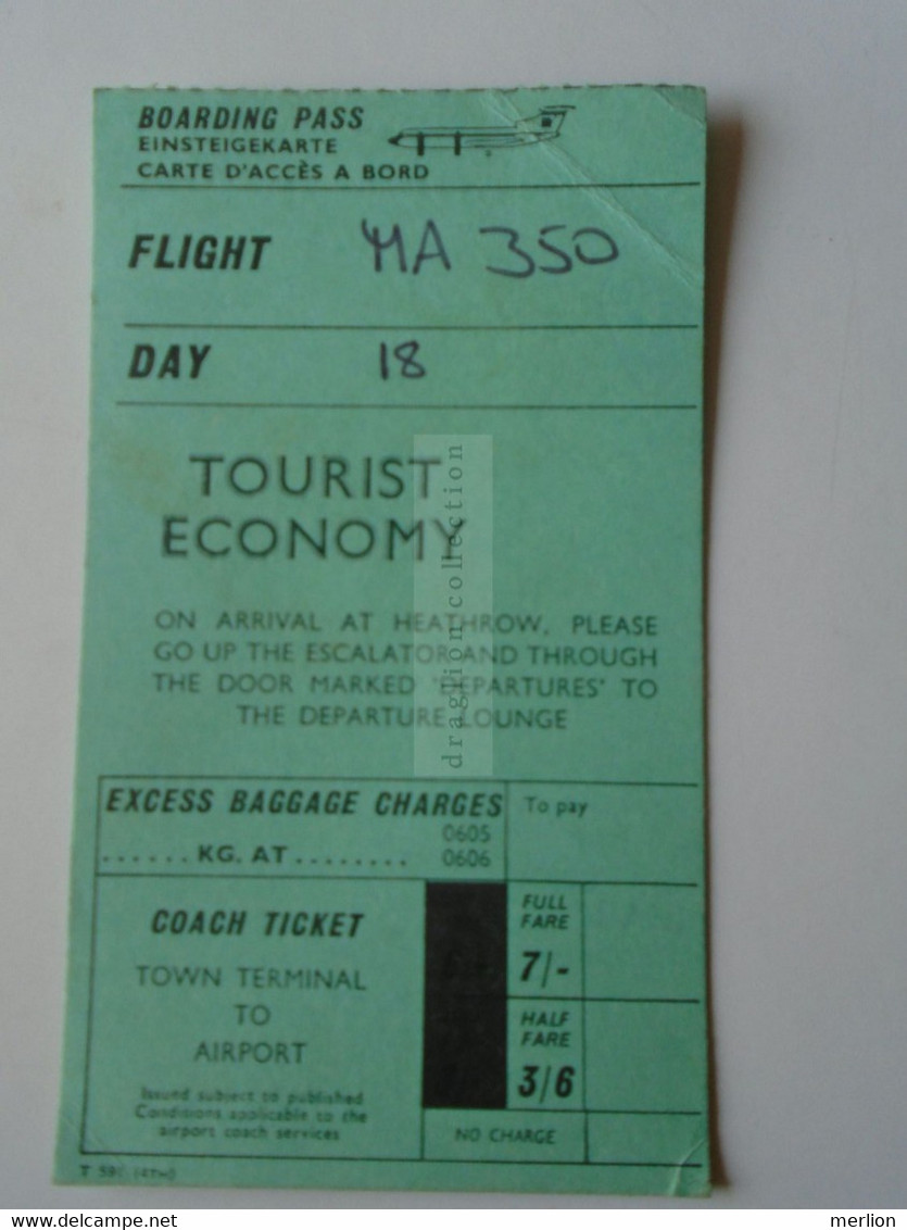 ZA364.24 Boarding Pass  UK London Heathrow Airport - Flight  MA350  Hungarian Airline MALÉV Ca 1960 - Bordkarten