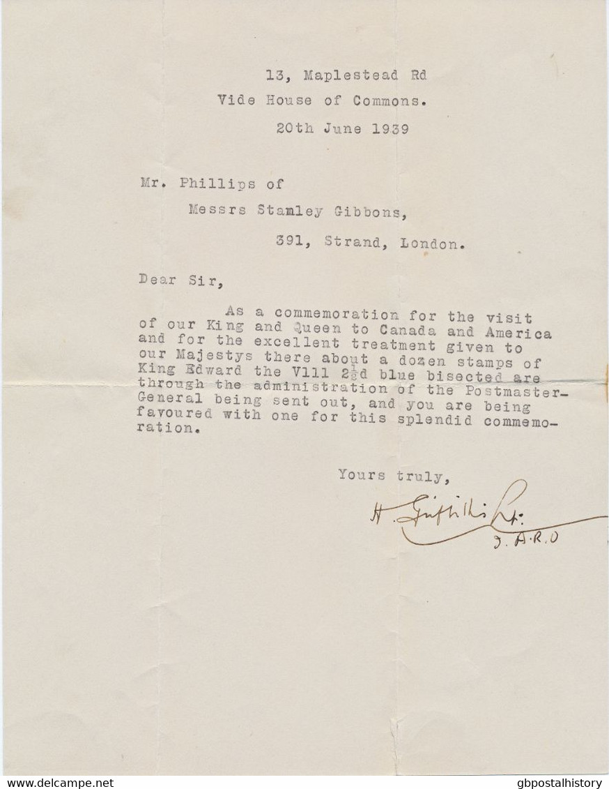 GB 1939 King Edward VIII 2 1/2d BISECTED Together W Georg VI 1d HOUSE OF COMMONS With CERTIFICATE Of AUTHENTICITY - Varietà, Errori & Curiosità