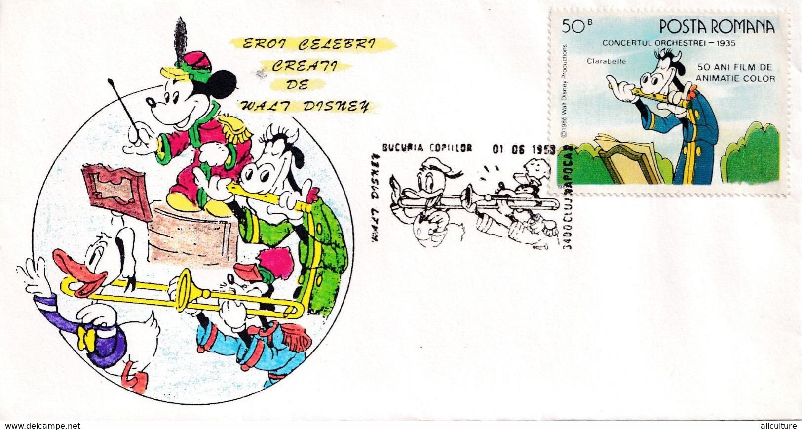 A2695- Walt Disney's Heroes, 50 Years Of Color Animated Film. Romania Mail , Cluj-Napoca 1993 Stamp On Cover - Disney