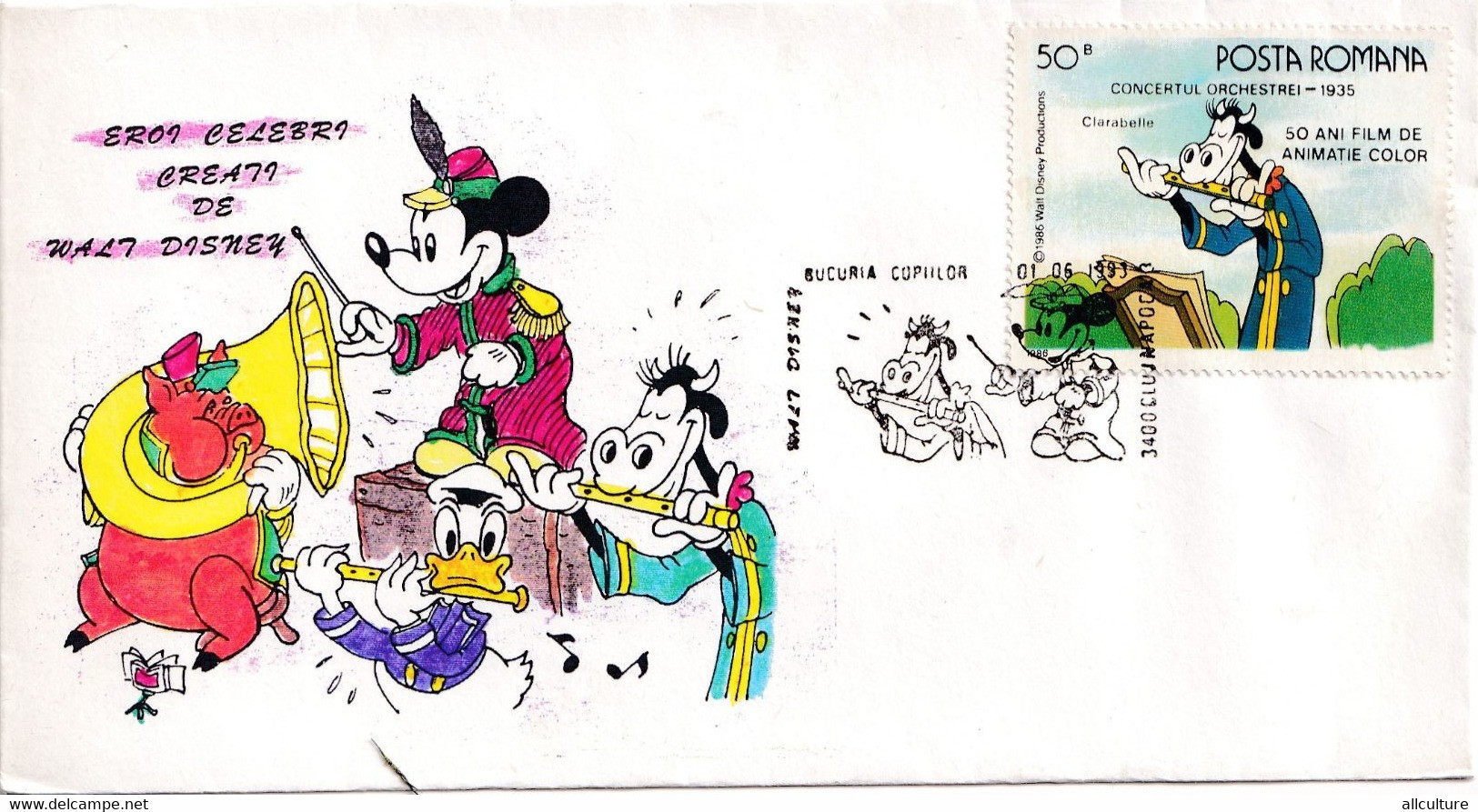 A2696- Eroi Celebre Walt Disney, 50 Ani Film De Animatie Color, Posta Romana, Cluj-Napoca 1993 Stamp On Cover - Lettres & Documents