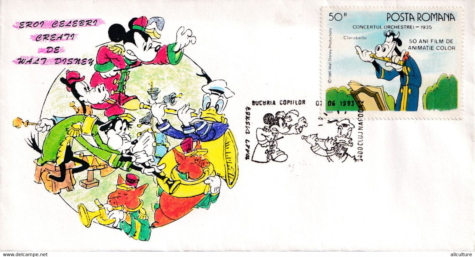 A2697- Héros Célèbres Walt Disney, Film D'animation Couleur De 50 Ans, Poste Roumain, Cluj-Napoca 1993 Stamp On Cover - Disney