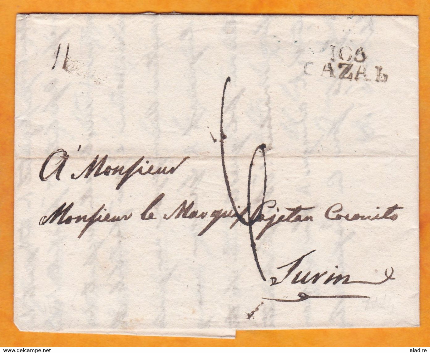 1814 - Marque Postale 106 CAZAL (24 X 4 Mm ) Casale  (Marengo)  Sur LAC Vers TORINO Turin - Taxe 6 - Contrôle 2 Au Verso - 1792-1815: Départements Conquis