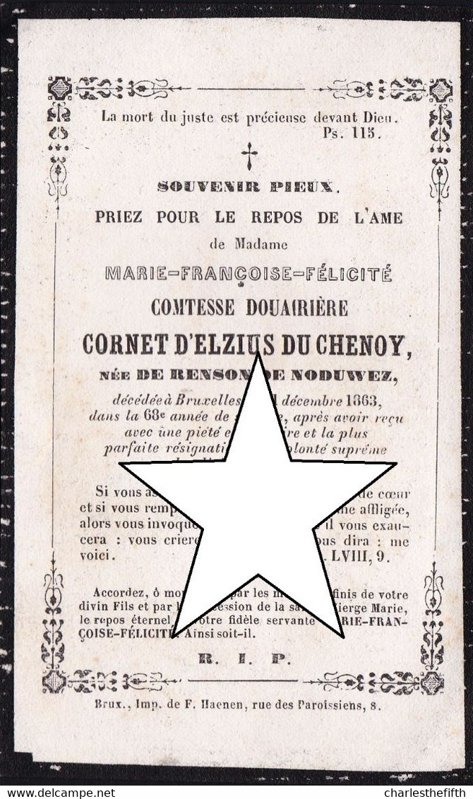 NOBLESSE / ADEL * COMTESSE MARIE FRANCOISE CORNET D'ELZIUS DU CHENOY * 1795-1863 Née DE RENSON DE NODUWEZ - Andachtsbilder